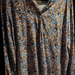 Pullover blouse Blue and Russet abstract on cream background. Made in Italy.